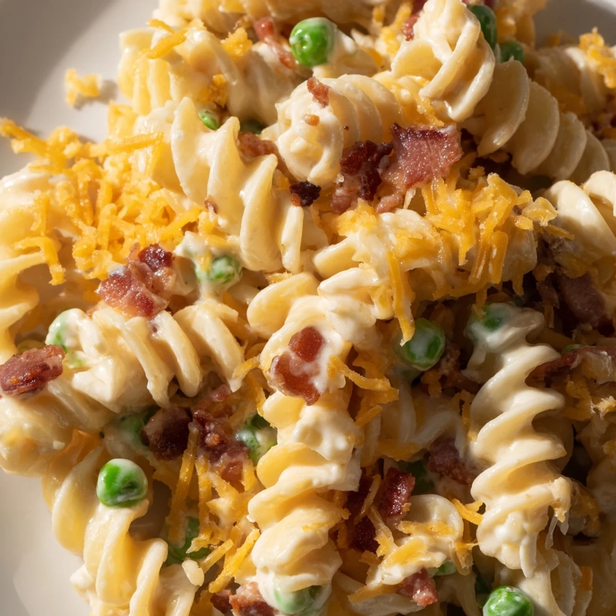 Spoonful of bacon ranch pasta salad featuring peas, cheddar, and tangy creamy dressing