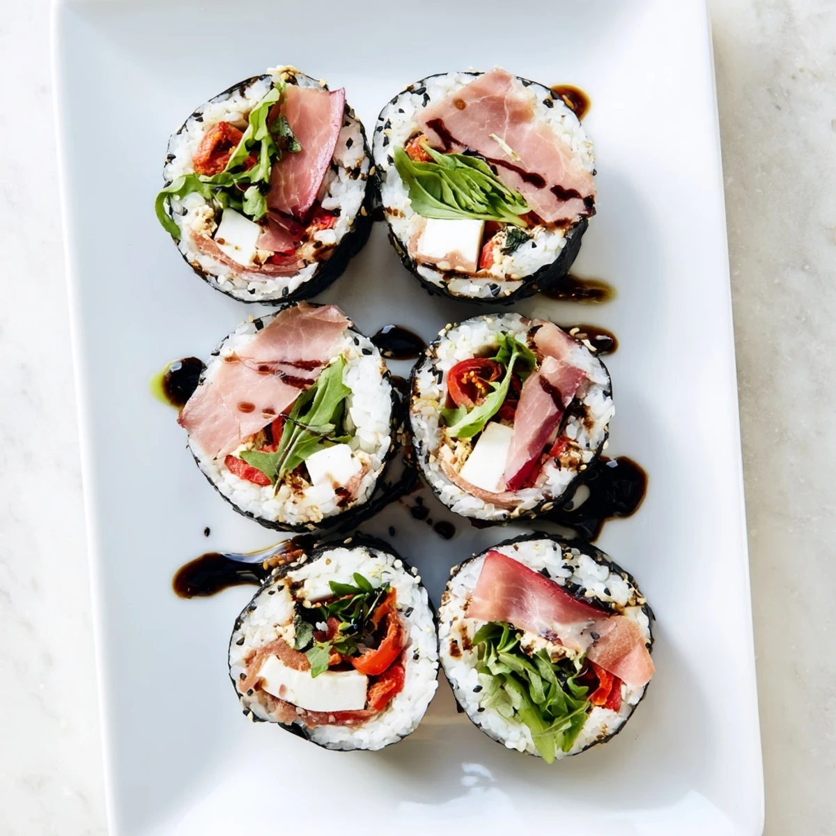 Colorful Italian sushi rolls featuring prosciutto, mozzarella, and roasted peppers wrapped in nori