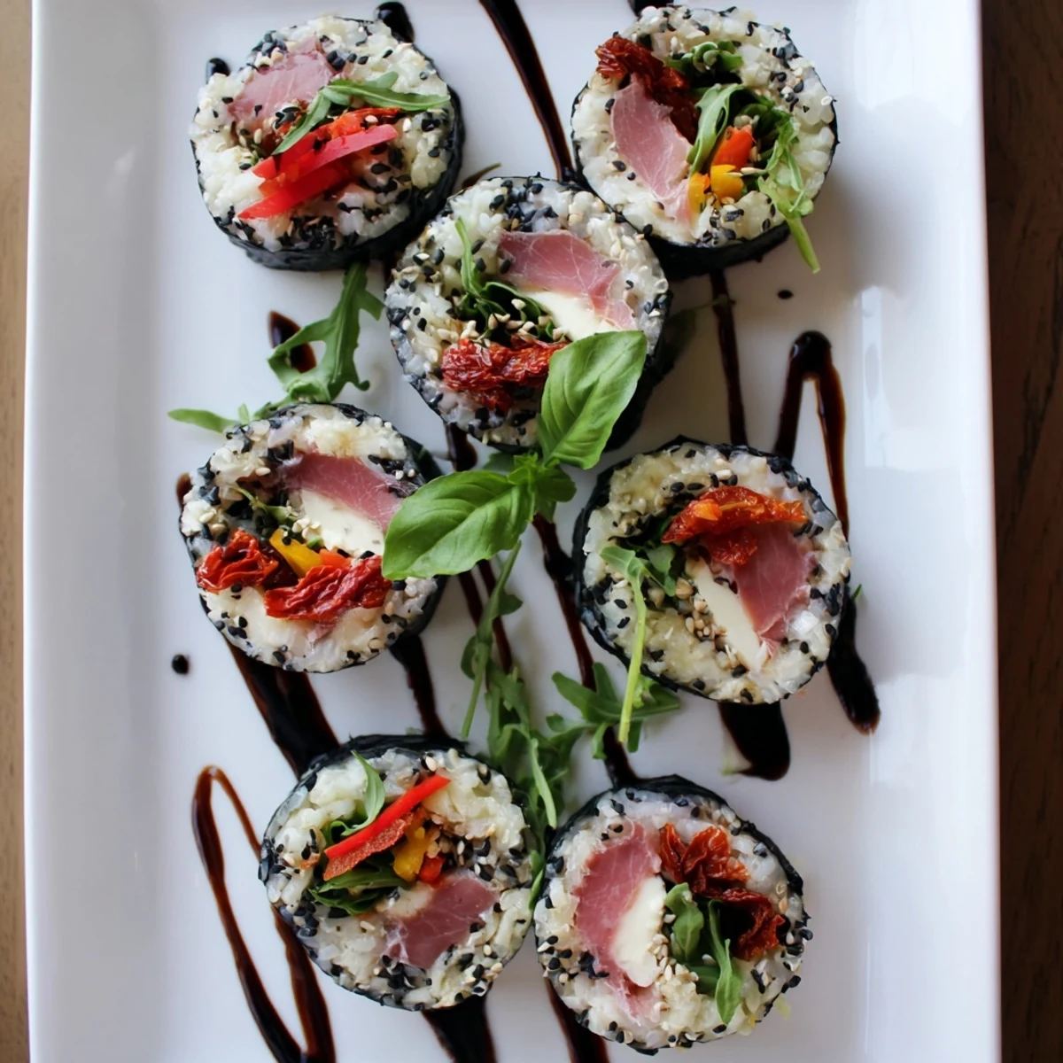 Fusion Italian sushi with fresh basil, sun-dried tomatoes, and arugula on a white serving platter