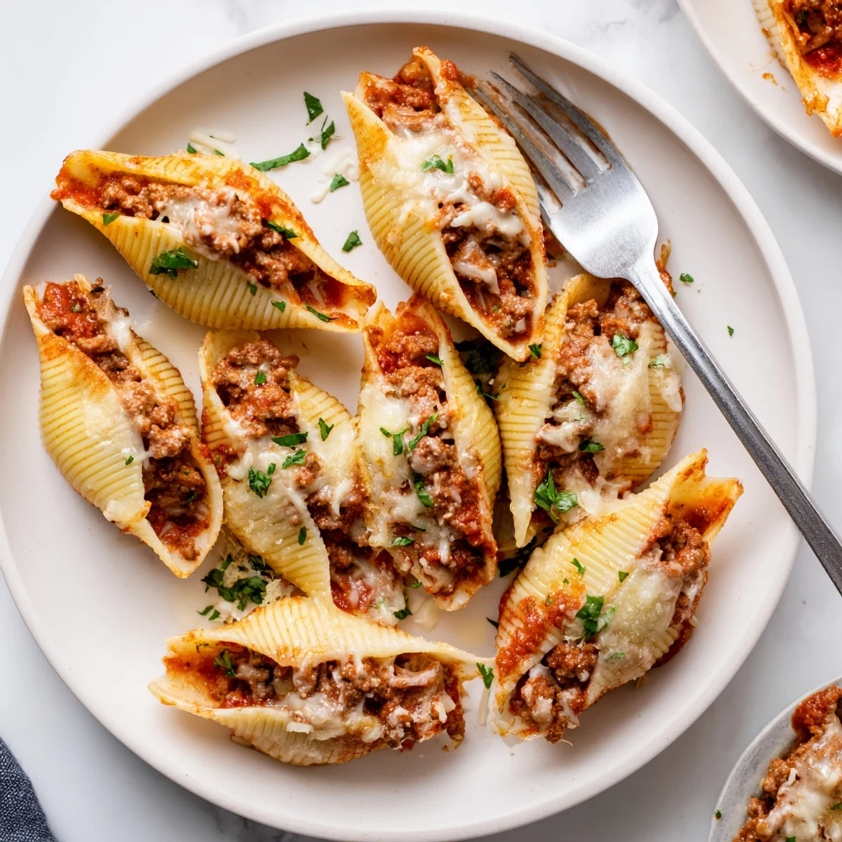 Golden baked jumbo pasta shells stuffed with savory beef ricotta filling under bubbly melted mozzarella cheese