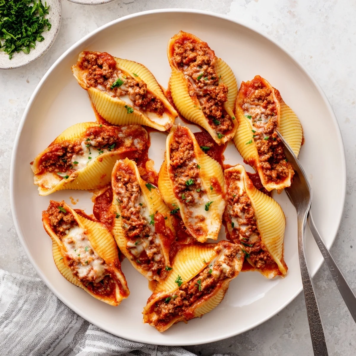 Italian-American beef stuffed shells recipe with tender pasta shells baked in creamy marinara with golden cheese topping