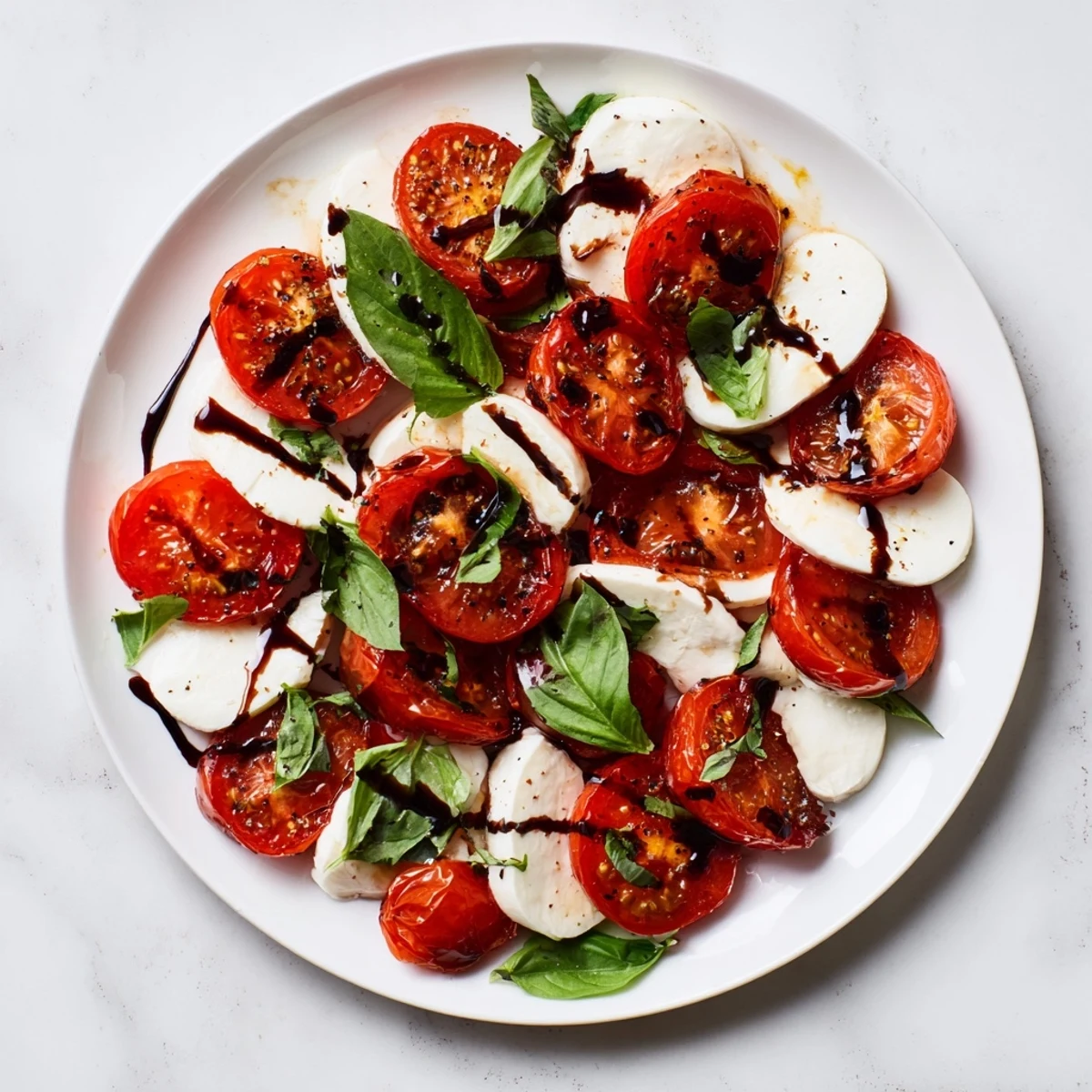 Fresh roasted tomato Caprese salad with caramelized cherry tomatoes, creamy mozzarella, and fragrant basil leaves drizzled with balsamic glaze