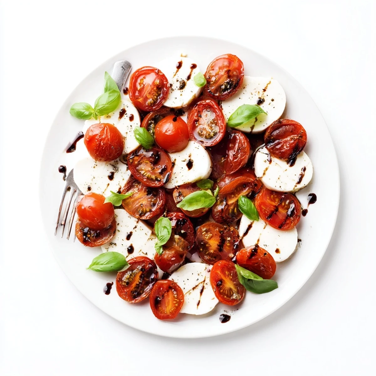 Golden roasted tomato Caprese salad featuring bubbling mozzarella slices and fresh basil on a serving platter