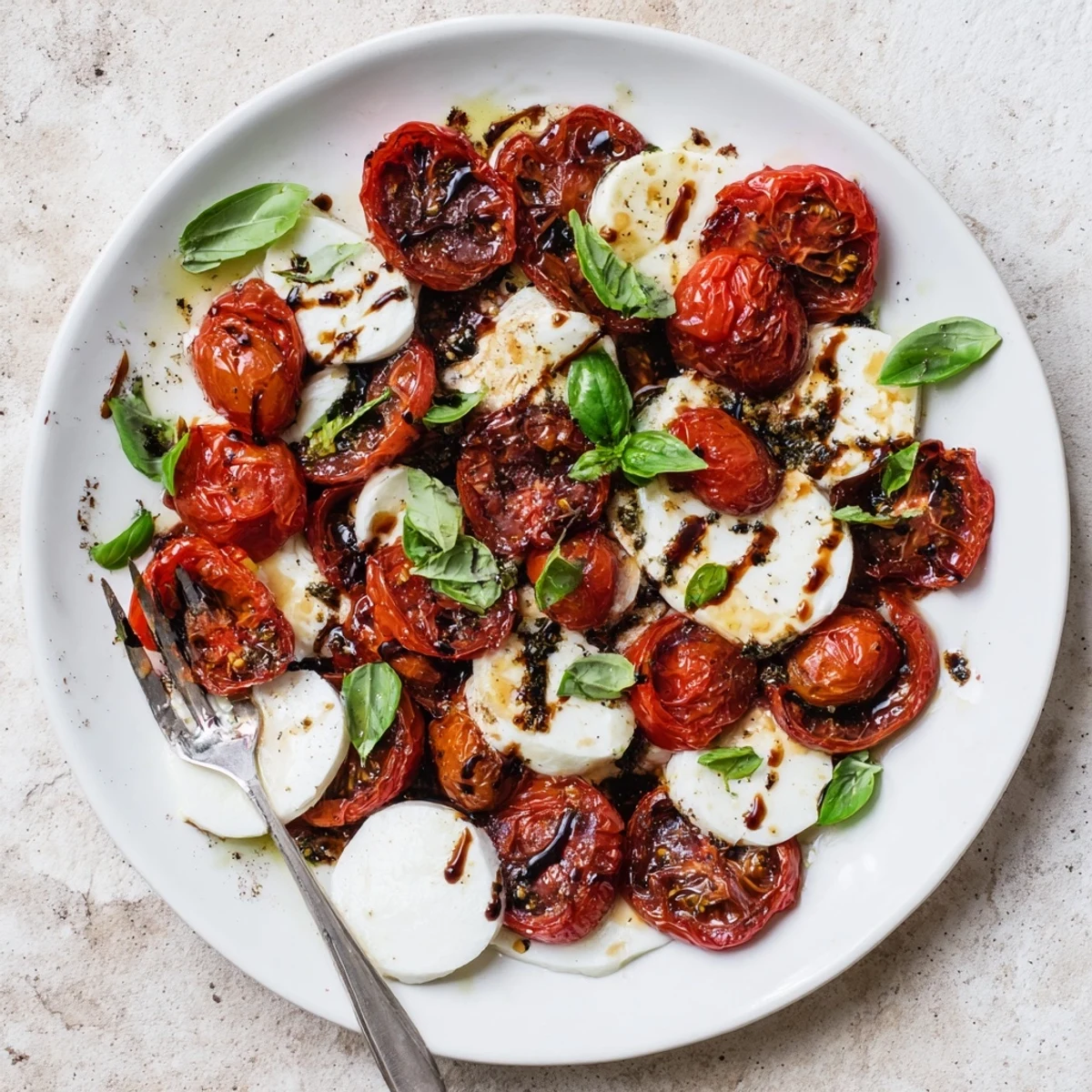 Vibrant Caprese salad with oven-roasted cherry tomatoes arranged with fresh mozzarella and topped with balsamic vinegar