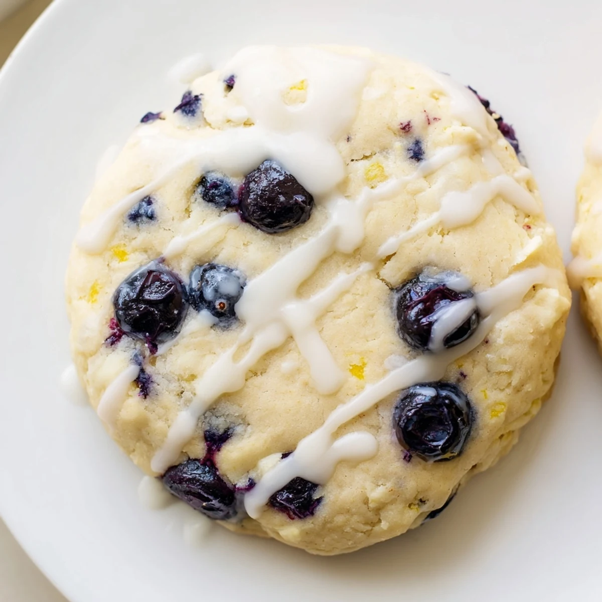 Fresh blueberry lemon cheesecake cookies drizzled with white glaze on a wire cooling rack