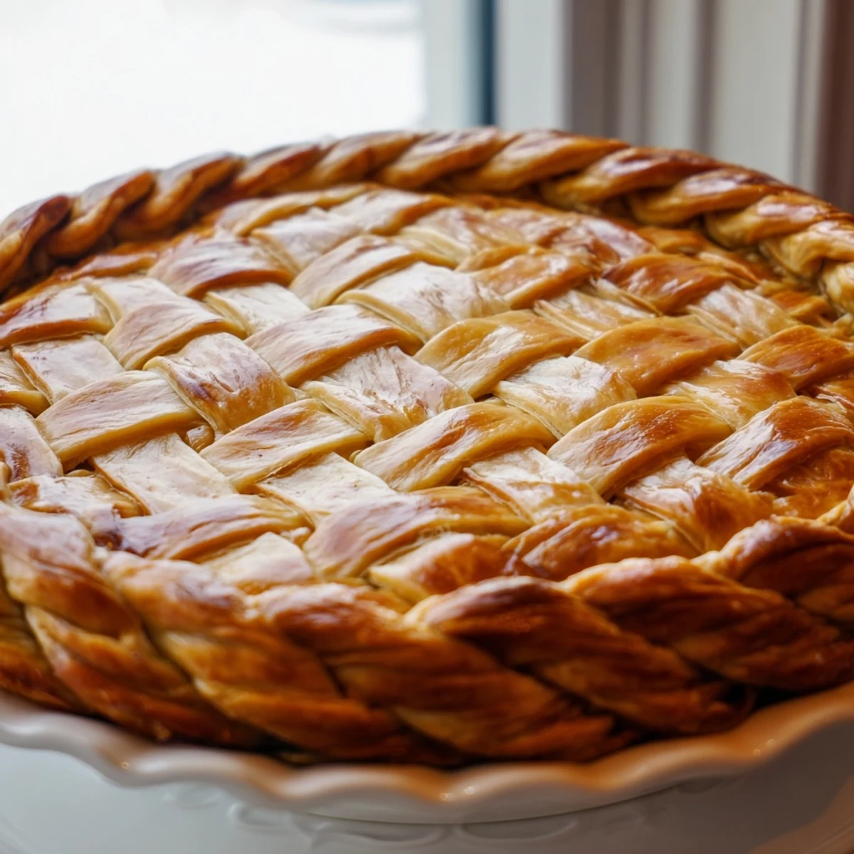 Beautifully braided Fishtail Braid Pie Crust topping creating decorative texture on golden pastry edge