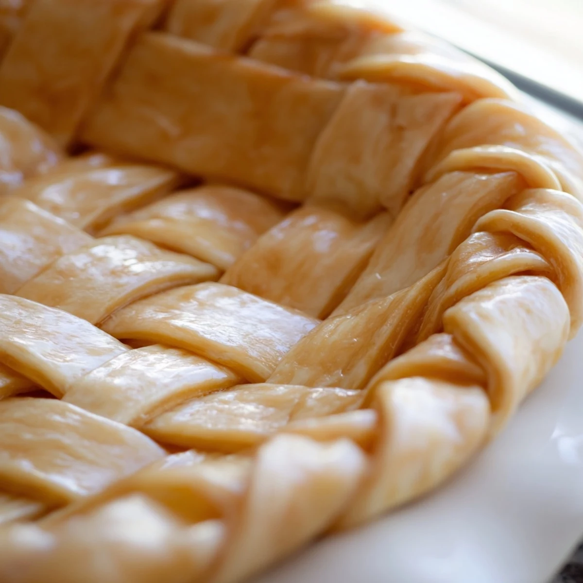 Golden brown Fishtail Braid Pie Crust with intricate woven dough edges on a baked pie