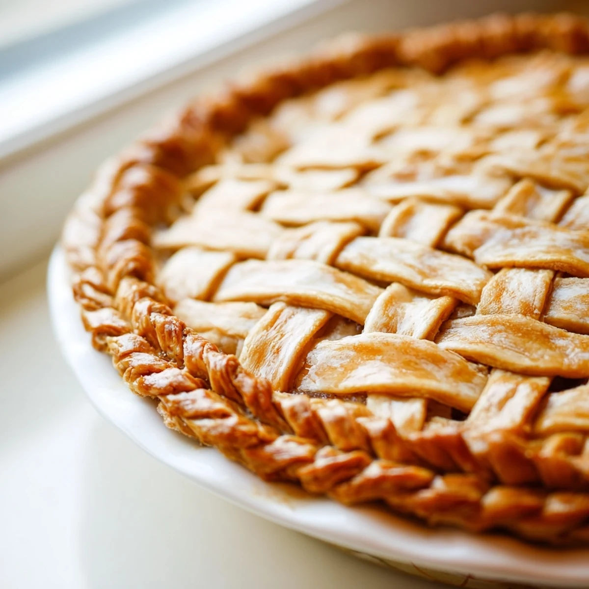 Intricately woven Fishtail Braid Pie Crust brushed with egg wash for glossy finish