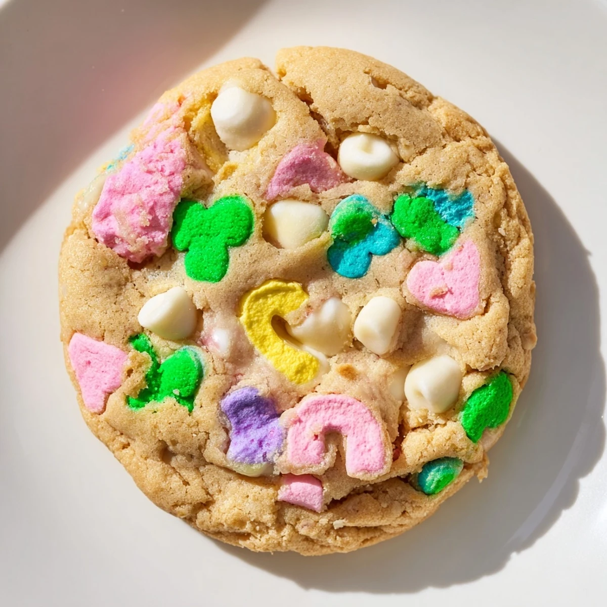 Chewy homemade Lucky Charms cookies topped with vibrant rainbow marshmallow bits