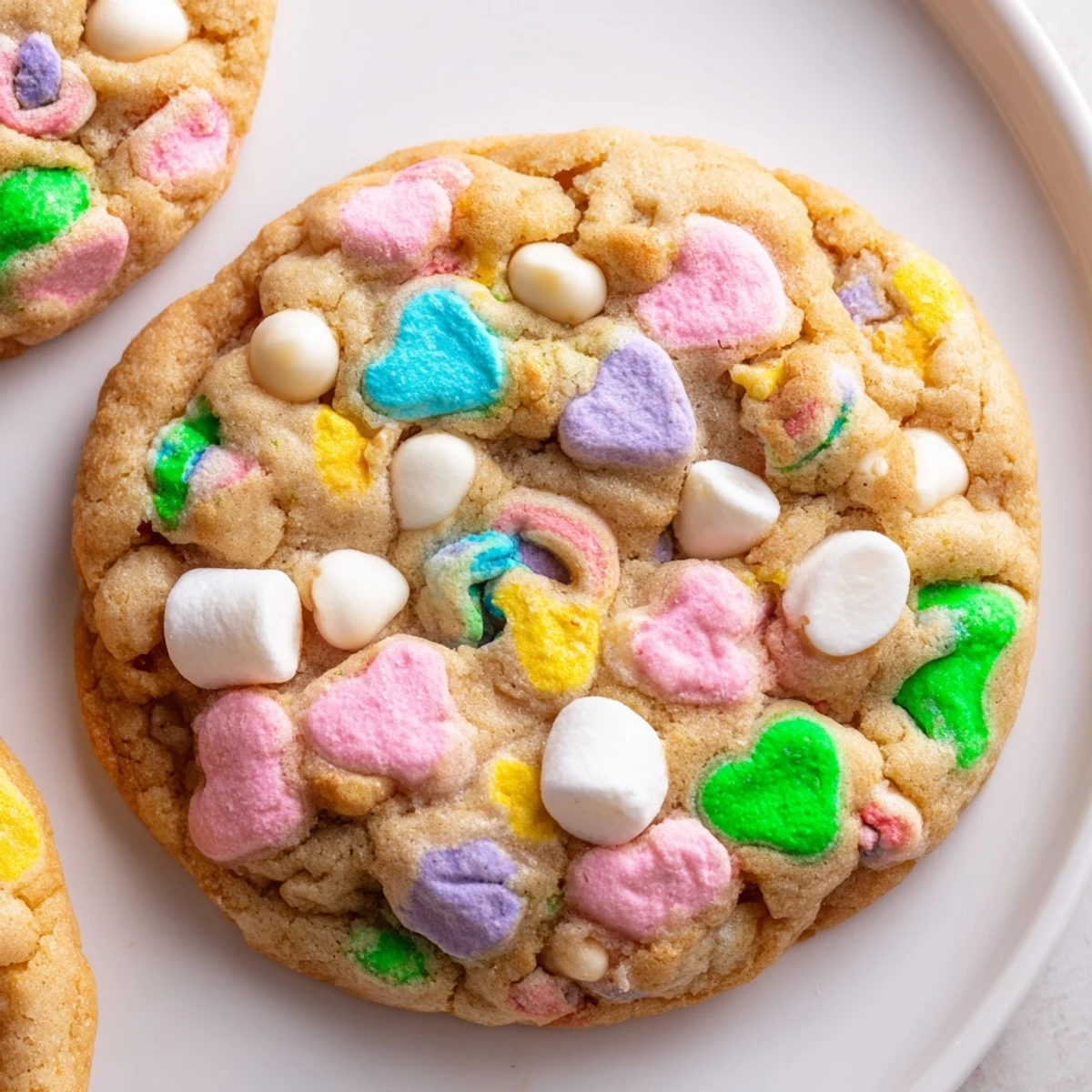 Golden Lucky Charms cookies featuring colorful cereal marshmallows on a white plate