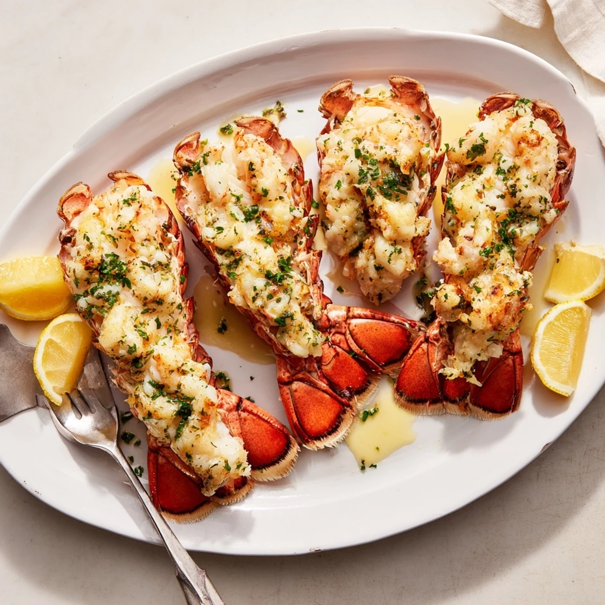 Whole lobster tails brushed with melted garlic butter and lemon zest on a baking sheet