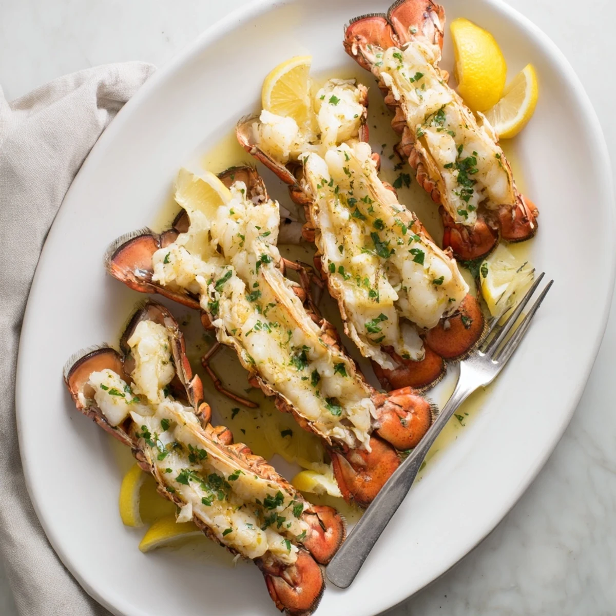 Golden garlic butter lobster tails baked to tender perfection with fresh parsley garnish