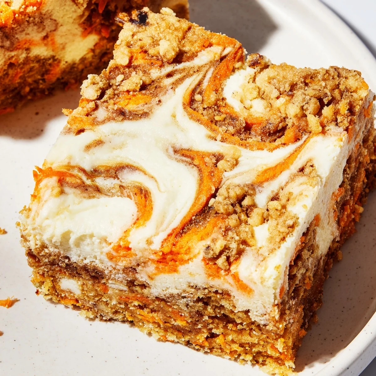 Sliced carrot cake cream cheese bars displaying marbled vanilla and cinnamon spiced layers