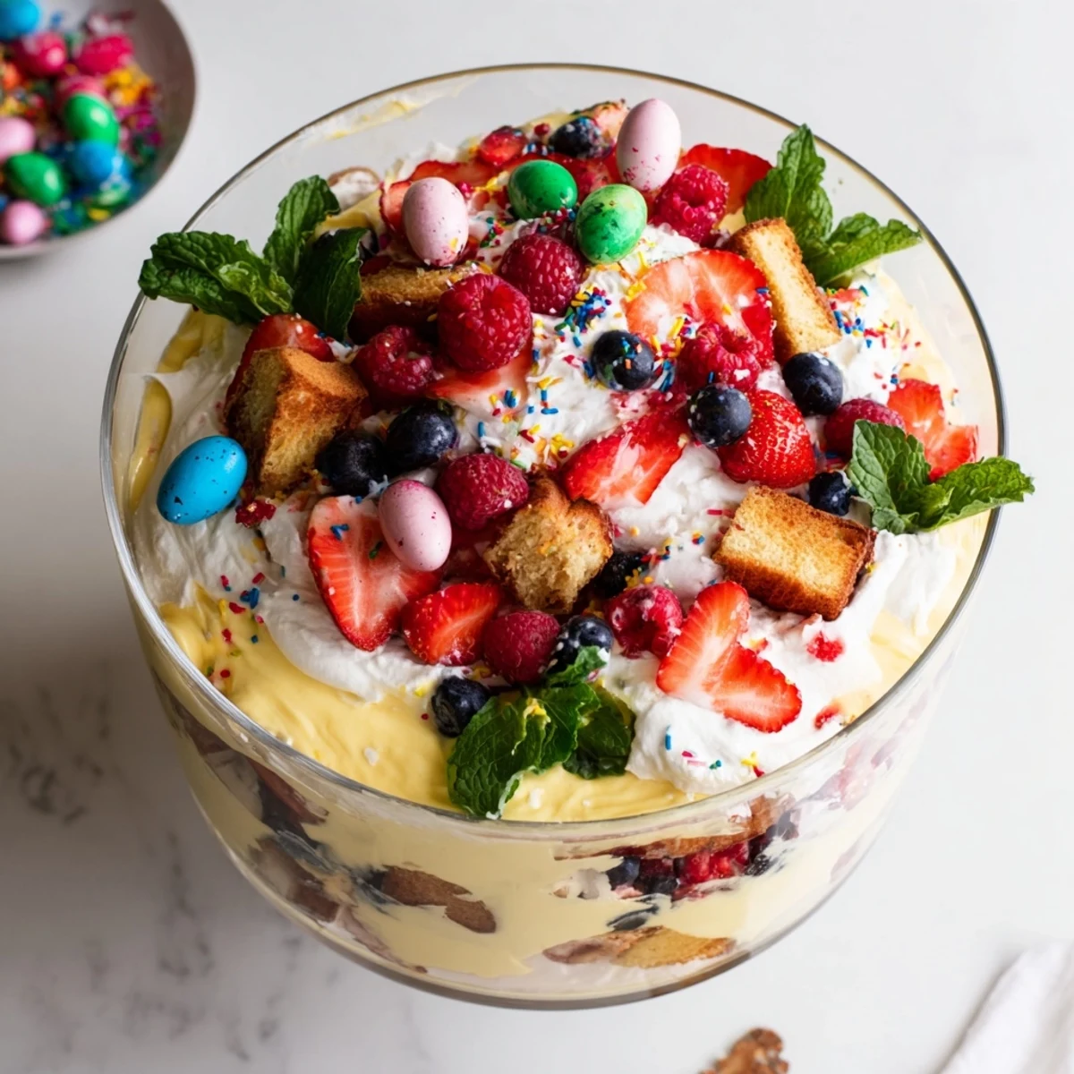 Festive Easter trifle showcasing golden custard, mixed berries, fluffy whipped cream, and soft sponge cake layers