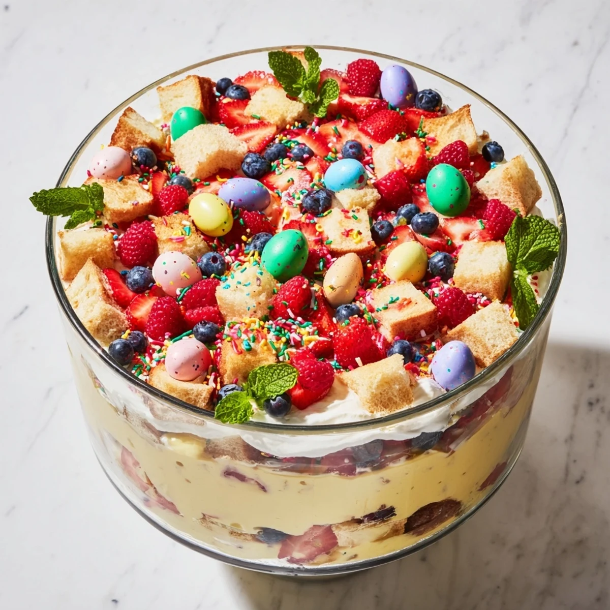 Layered Easter trifle dessert with sponge cake, custard, fresh berries, and whipped cream in a glass bowl