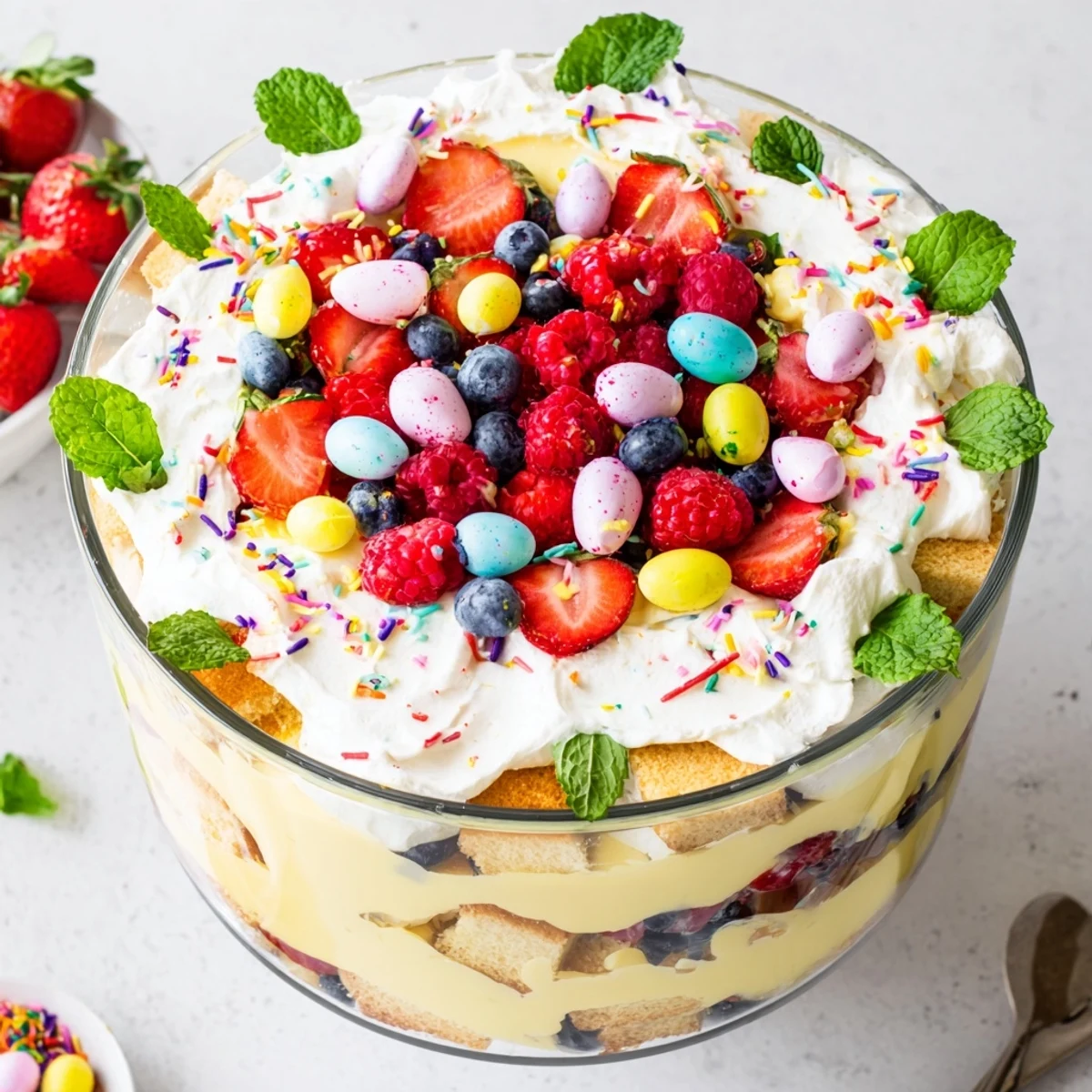 Homemade Easter trifle dessert topped with chocolate eggs and mint featuring creamy custard and juicy berries
