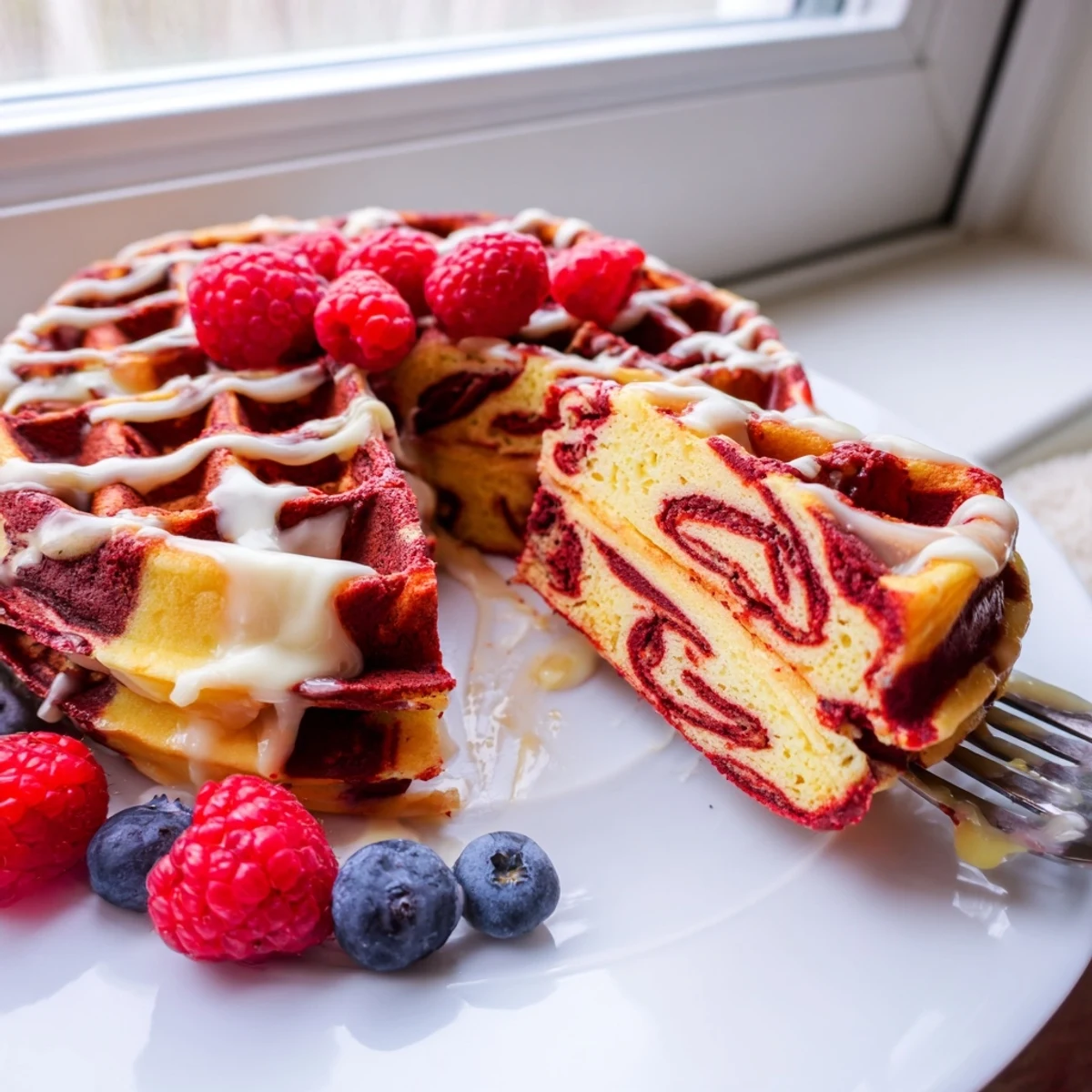 Red velvet marble waffles with swirls of vanilla and crimson batter stacked on a white plate