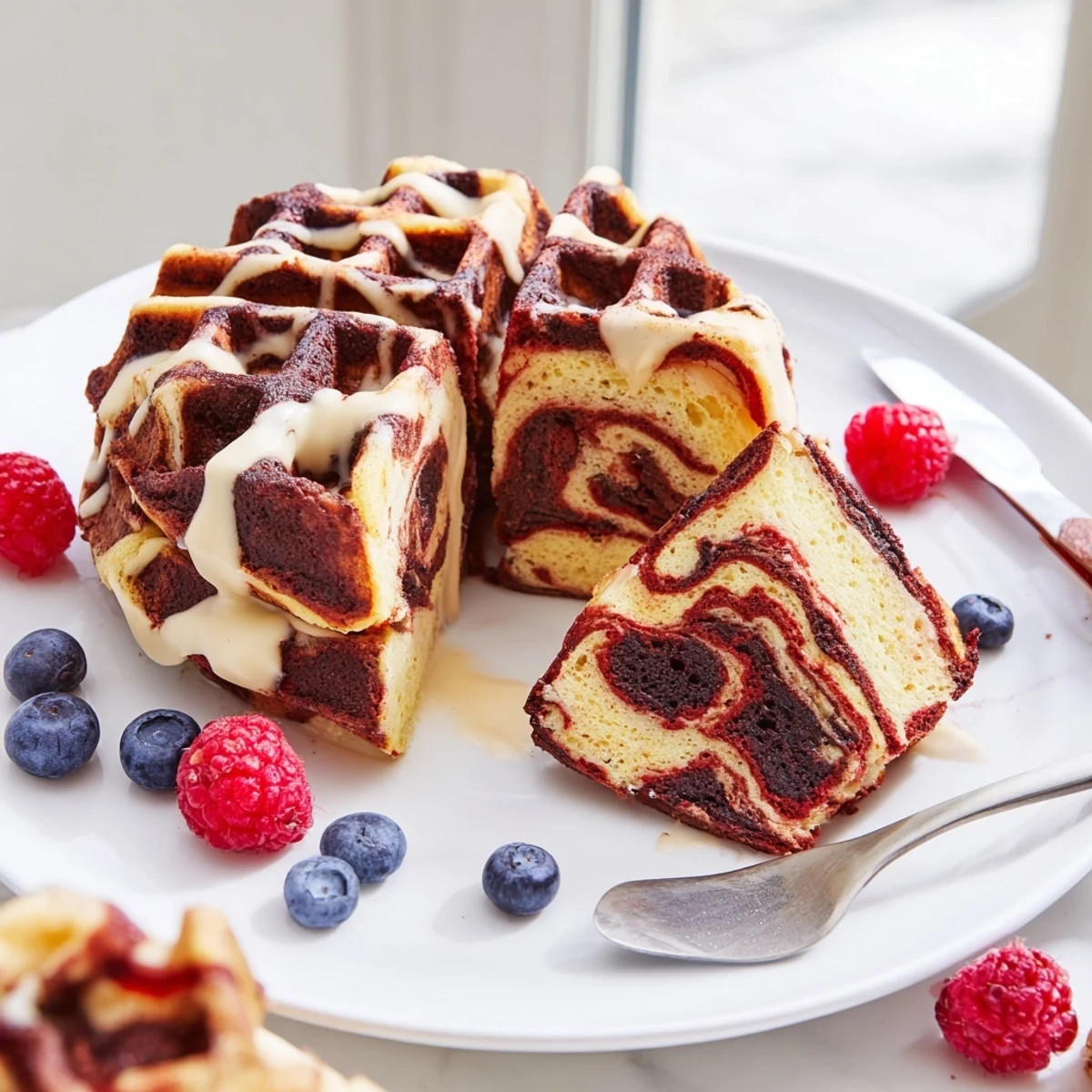 Golden red velvet marble waffles drizzled with cream cheese glaze and fresh strawberries for brunch