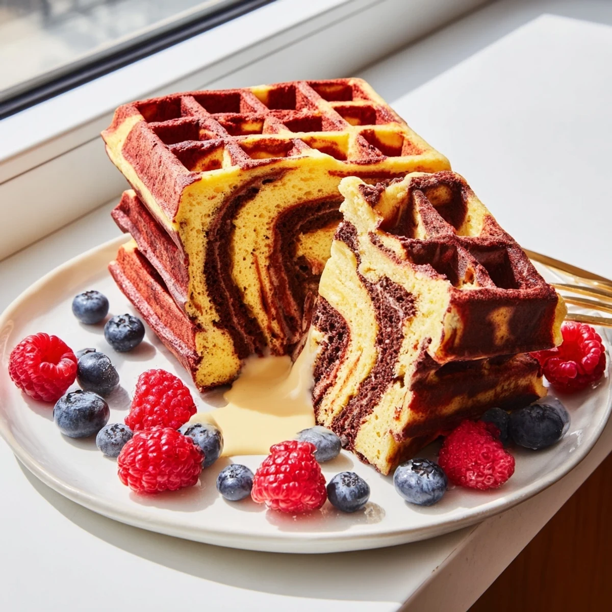 Crisp red velvet marble waffles featuring beautiful red and vanilla patterns ready for breakfast with syrup