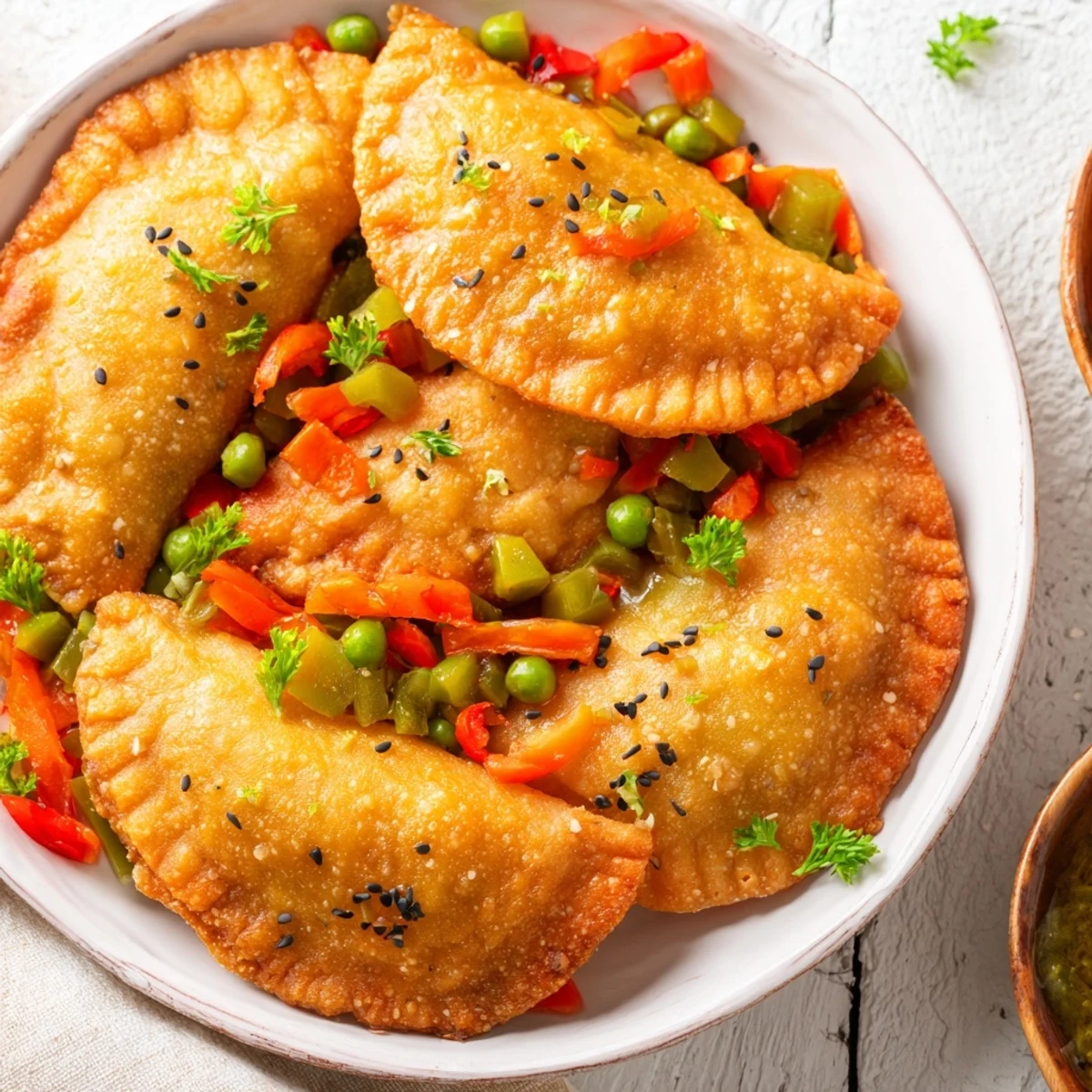 Golden crispy potsticker stir fry with colorful vegetables in savory dark sauce