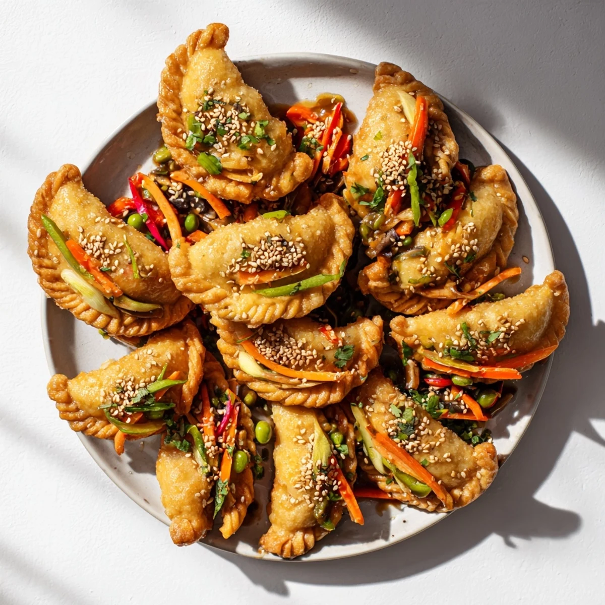Sizzling skillet of Asian fusion potsticker stir fry with fresh snap peas and bell peppers