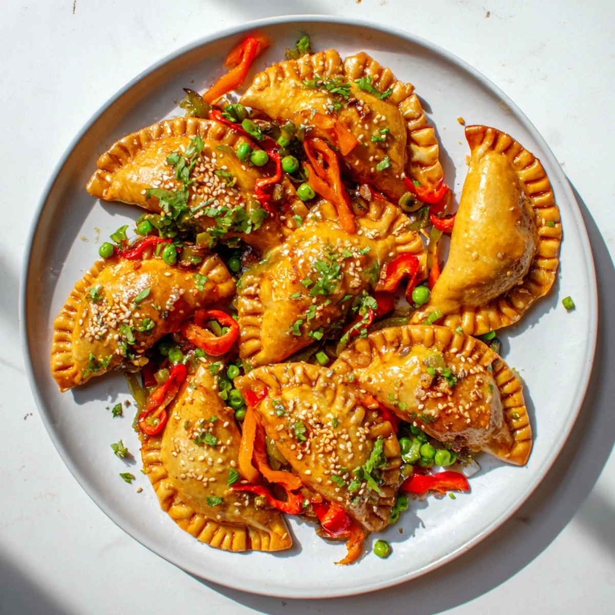 Vibrant potsticker stir fry tossed with crisp vegetables and sesame seed garnish