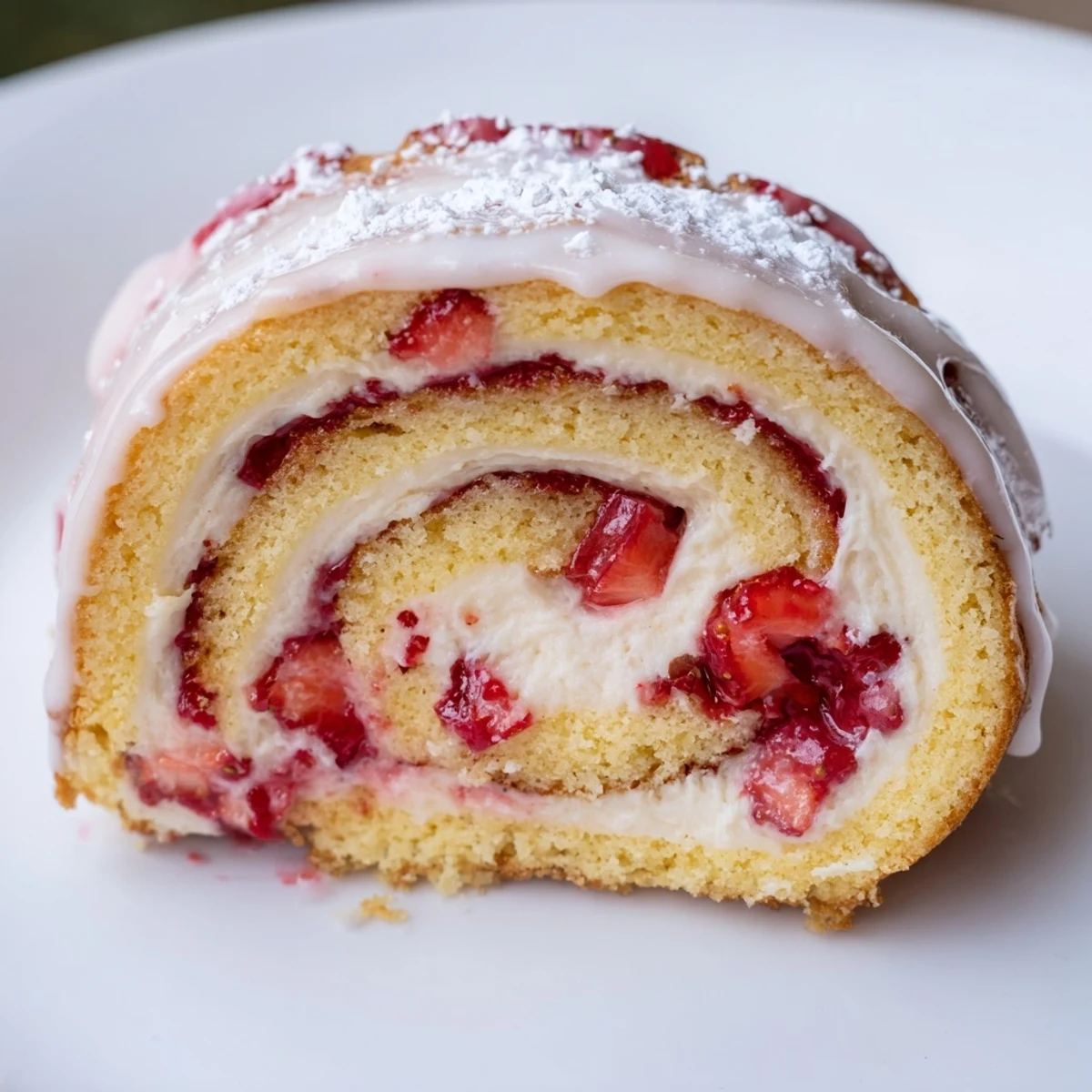 Golden Strawberry Shortcake Cheesecake Rolls drizzled with sweet vanilla glaze on a white plate