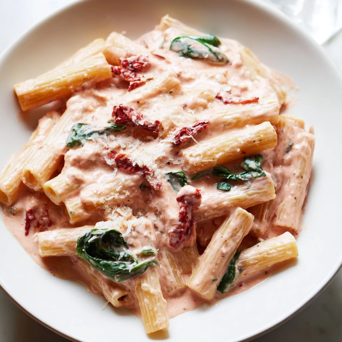 Creamy sun dried tomato spinach pasta in a rustic skillet with vibrant green wilted leaves