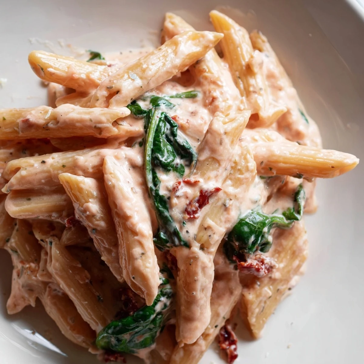 Penne coated in velvety sun dried tomato spinach pasta sauce with shaved Parmesan