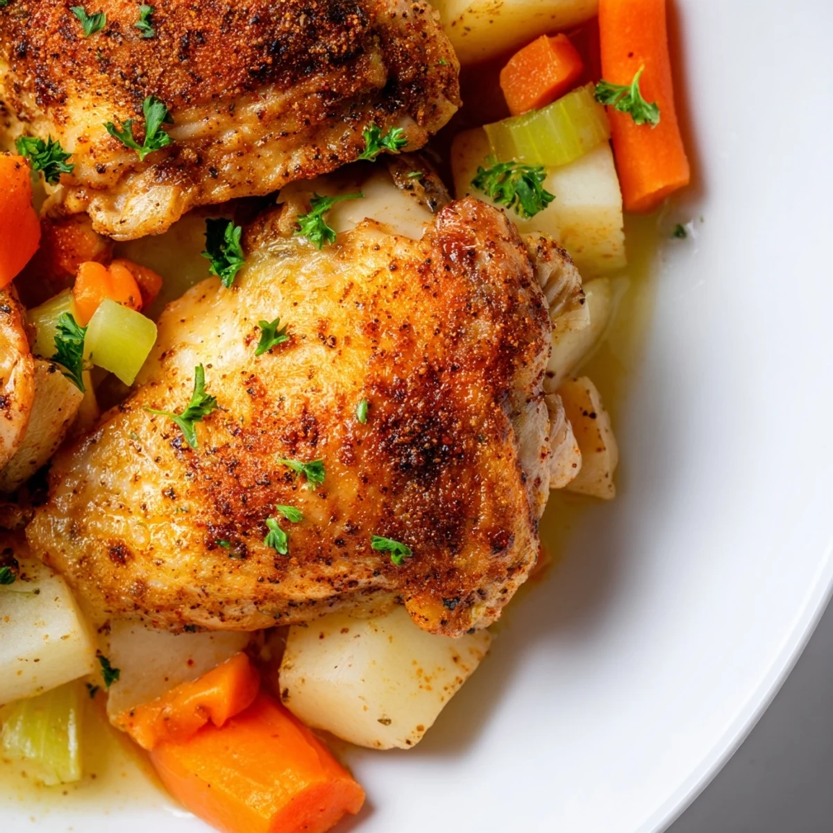 Slow cooker chicken dinner with tender meat and vegetables in savory herb sauce