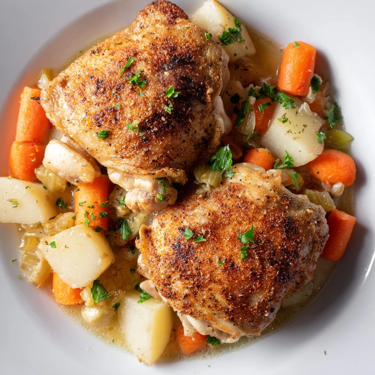 Golden brown chicken thighs nestled among carrots and potatoes in rustic crockpot
