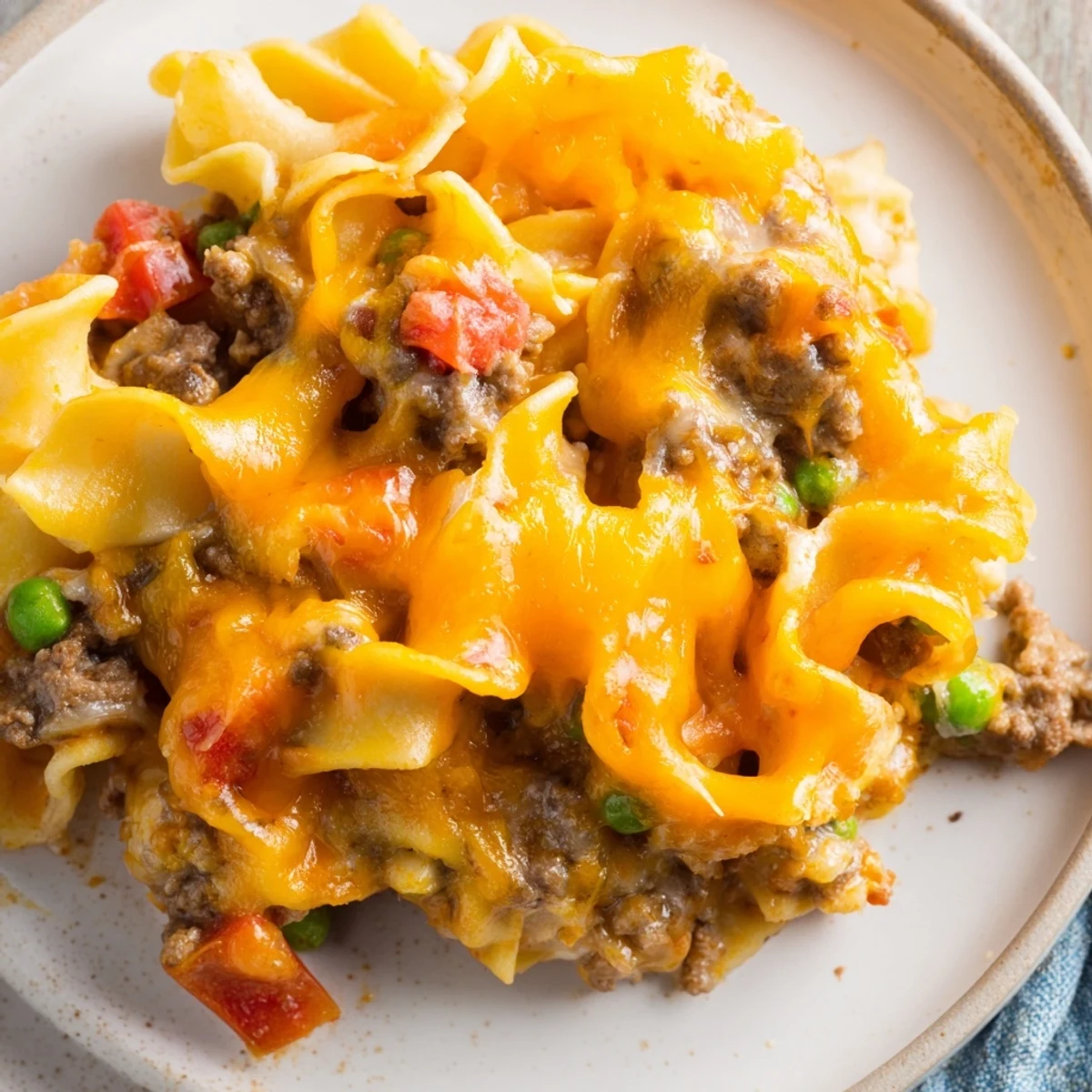 Golden bubbling cheesy beef and noodle casserole fresh from the oven with melted cheddar topping
