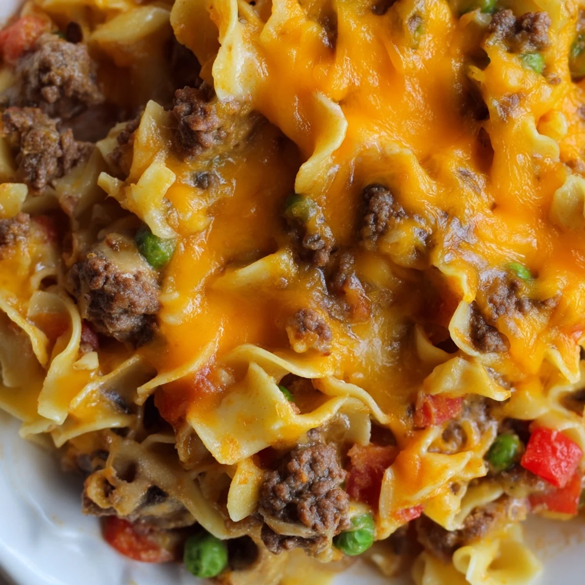 Creamy cheesy beef and noodle casserole served in a white dish with golden bubbly cheese