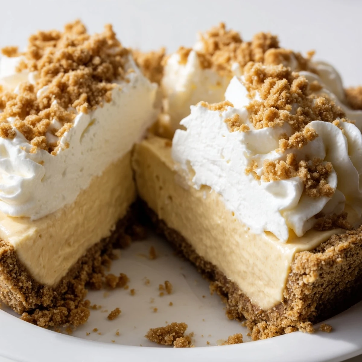 Creamy Amish peanut butter dream pie topped with fluffy whipped cream and golden crumbs