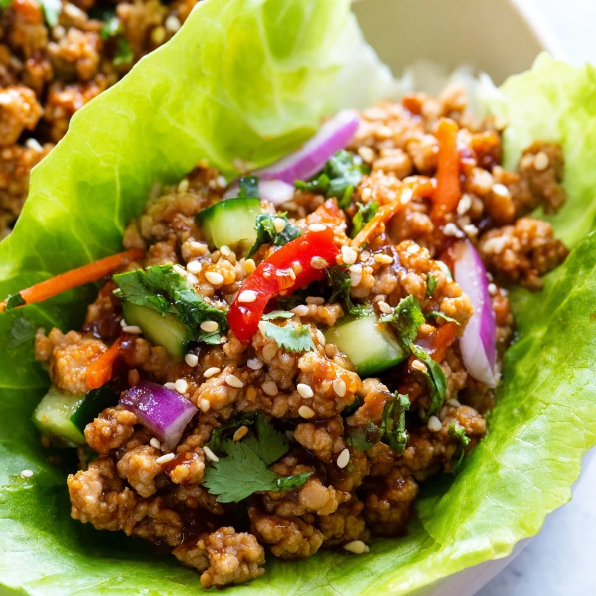 Healthy ground turkey lettuce wrap bowls topped with sesame seeds and lime wedges
