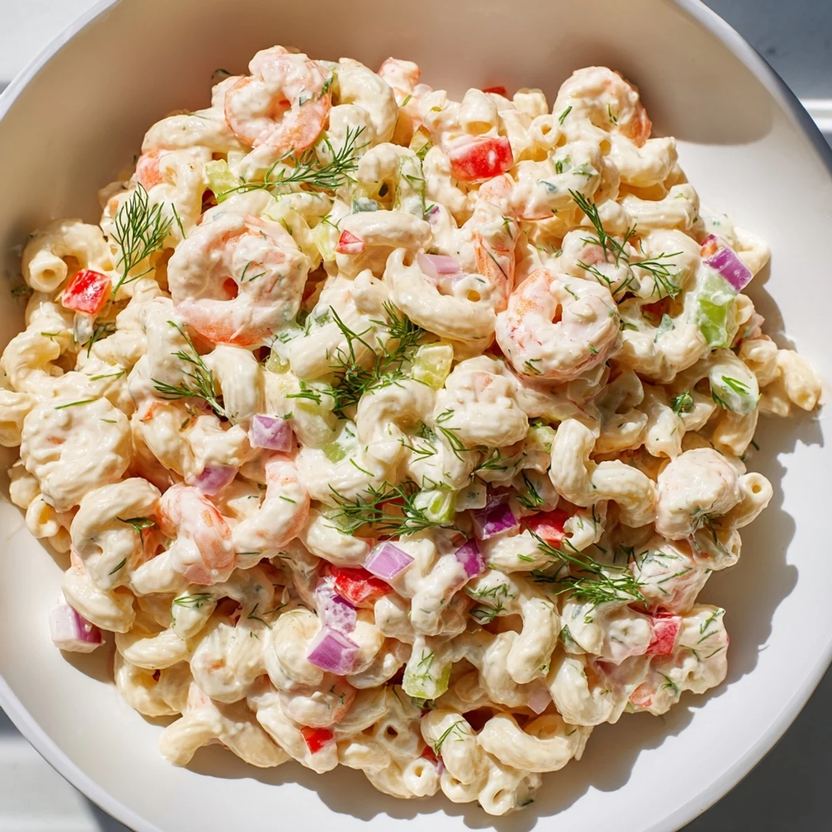 Shrimp macaroni salad topped with fresh dill, served in a rustic bowl on a picnic table