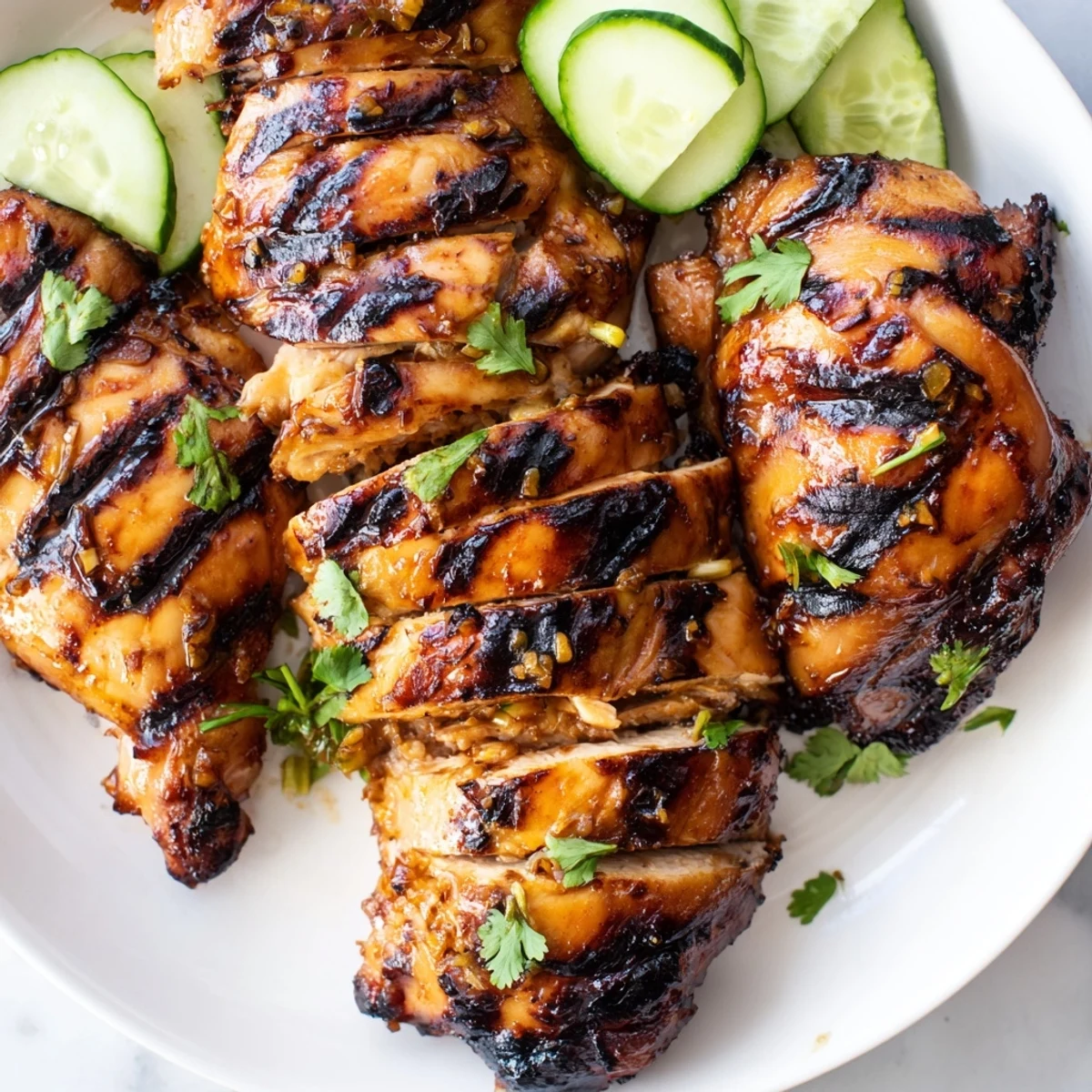 Grilled Vietnamese Chicken with charred edges served on white plate with fresh cilantro