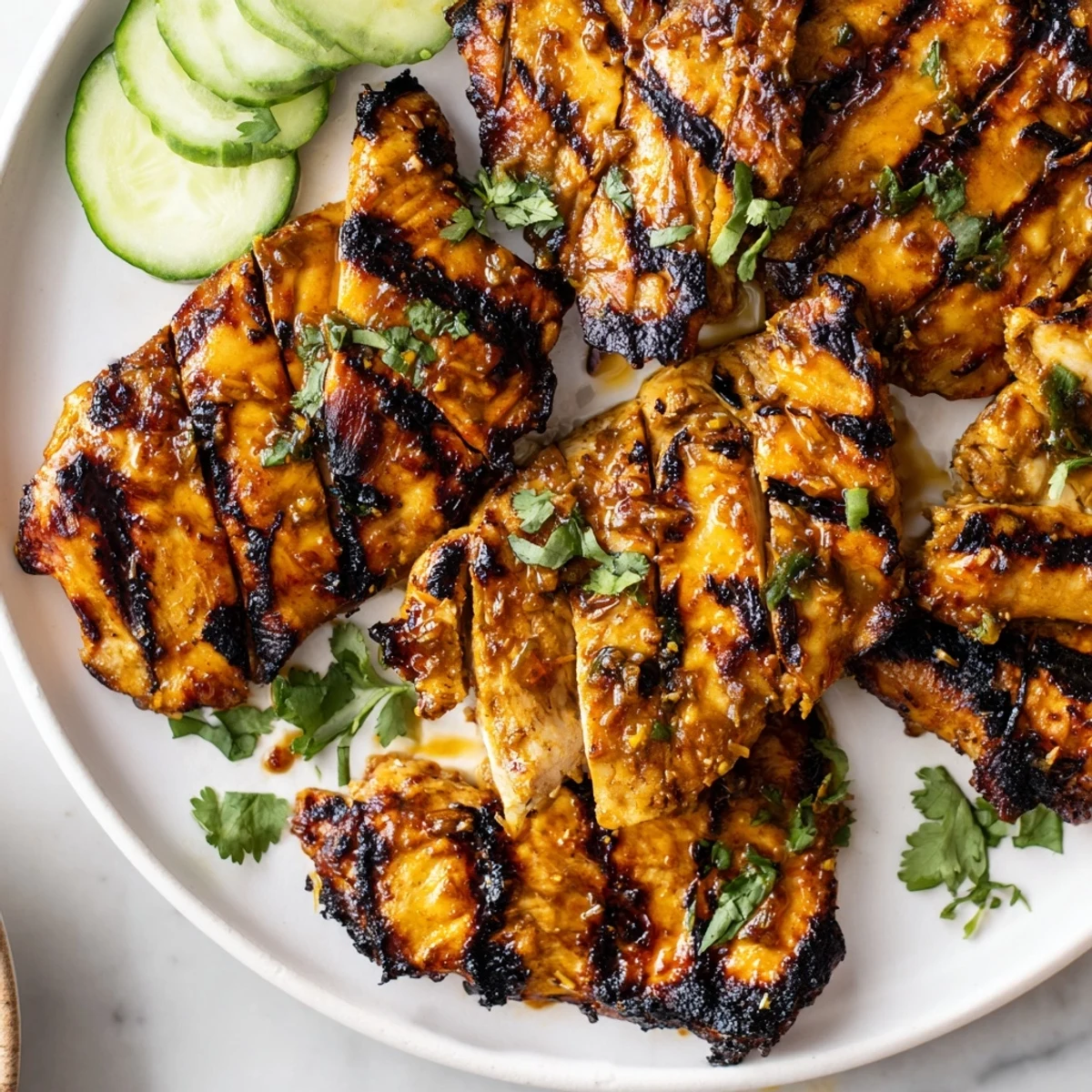 Golden Grilled Vietnamese Chicken thighs with caramelized lemongrass glaze resting beside lime wedges
