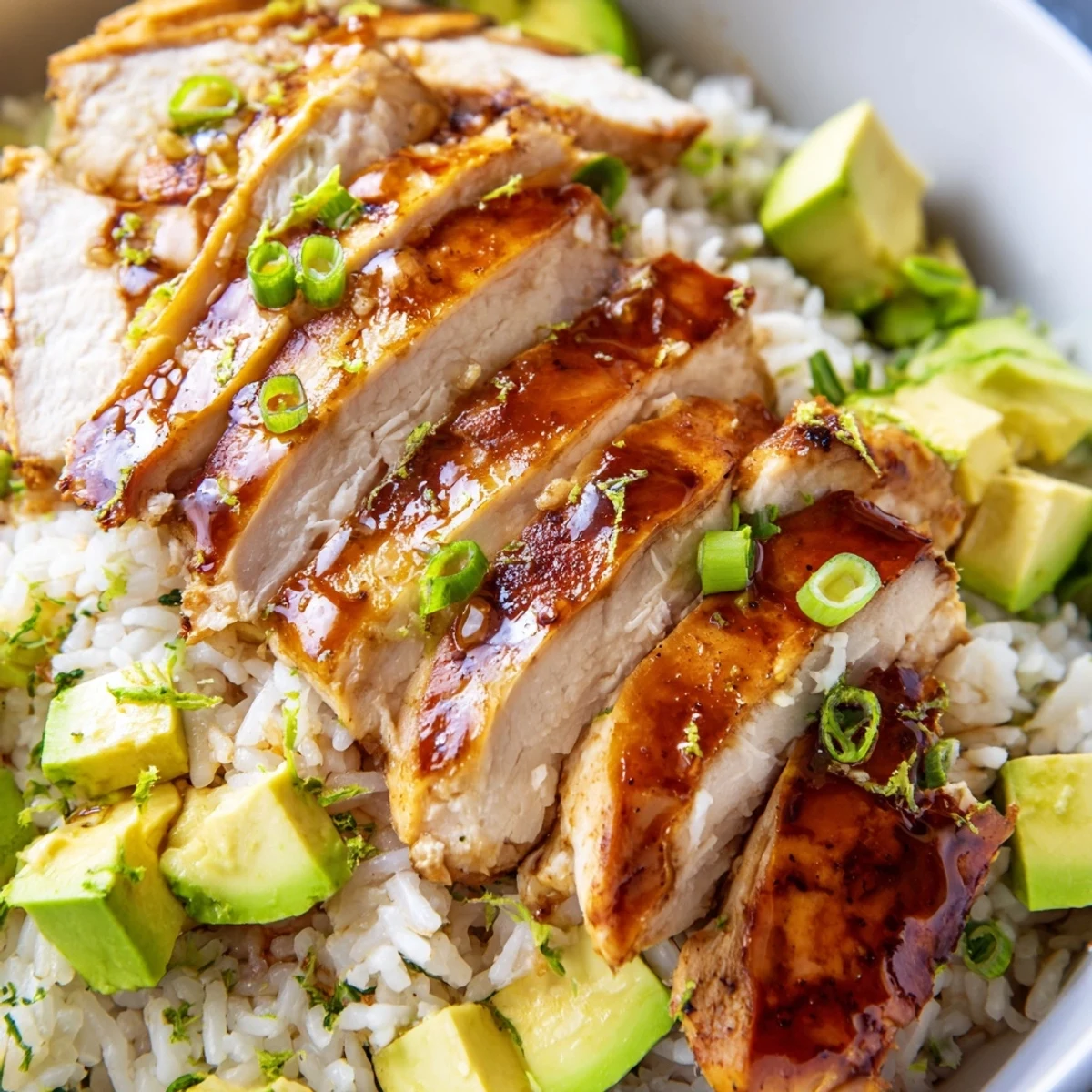 Juicy glazed honey lime chicken breast plated beside fluffy avocado rice garnished with lime wedges