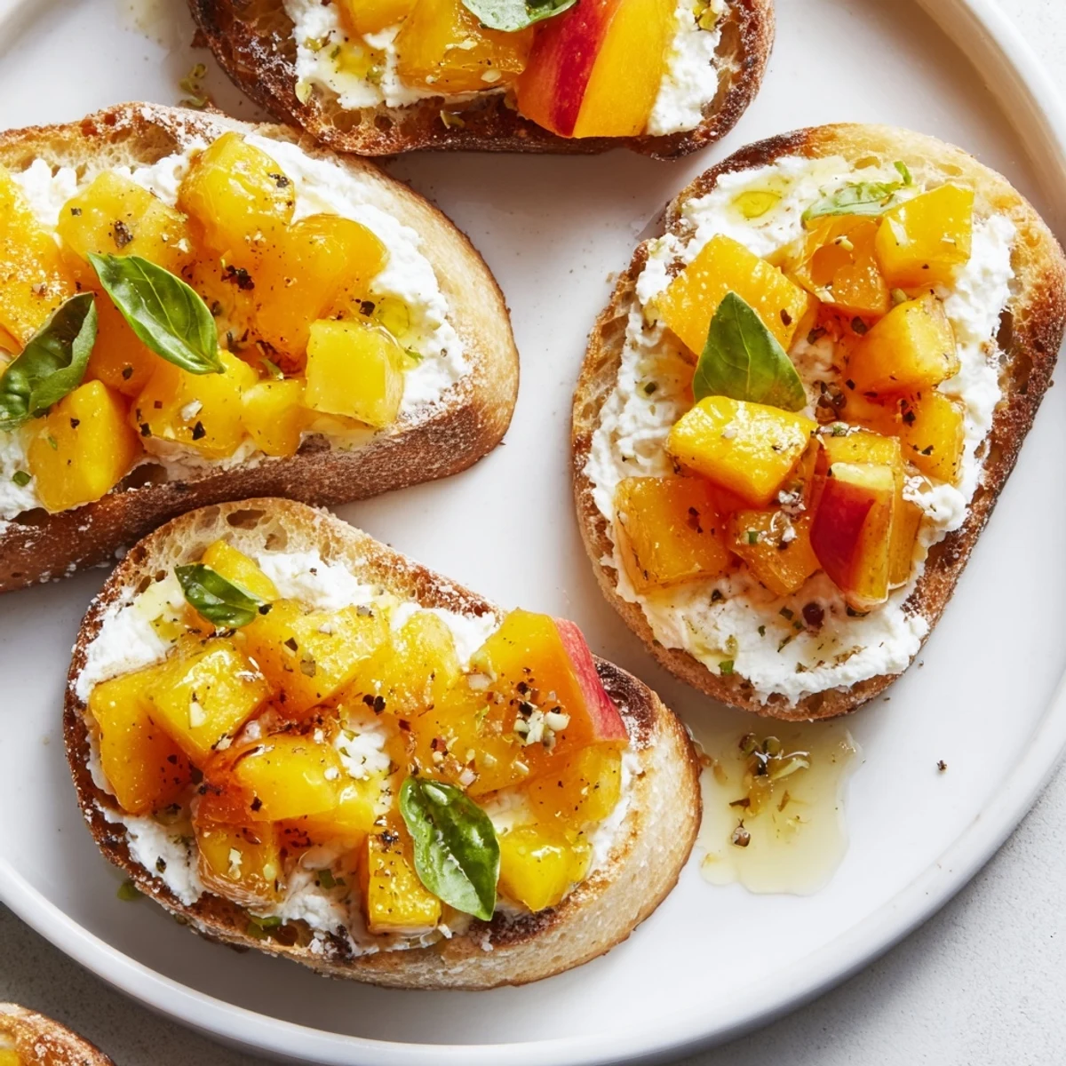 Golden toasted baguette slices topped with creamy ricotta and vibrant Sun Kissed Peach Bruschetta
