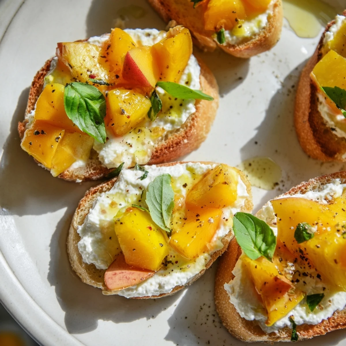 Fresh Sun Kissed Peach Bruschetta with sweet honey drizzle and fragrant basil on crisp bread