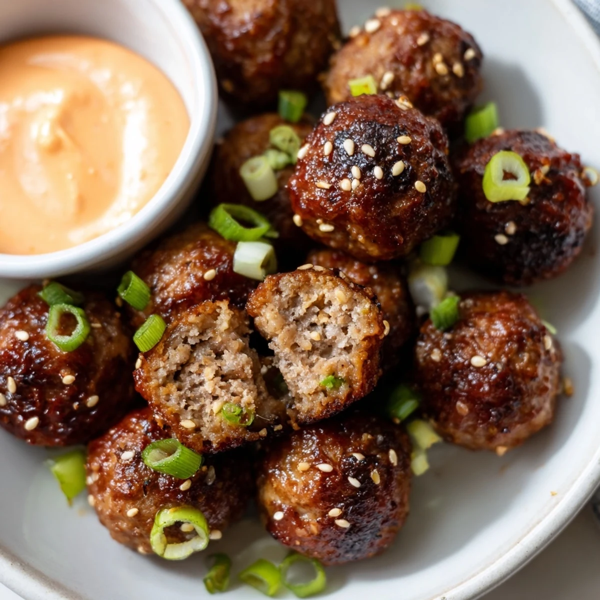 Golden Korean BBQ meatballs topped with sesame seeds and sliced green onions on a platter
