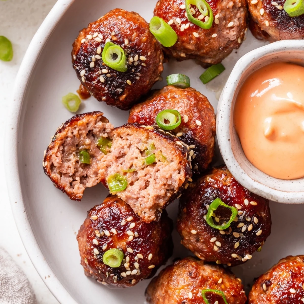 Juicy Korean BBQ meatballs nestled in lettuce cups beside a bowl of creamy spicy mayo dip
