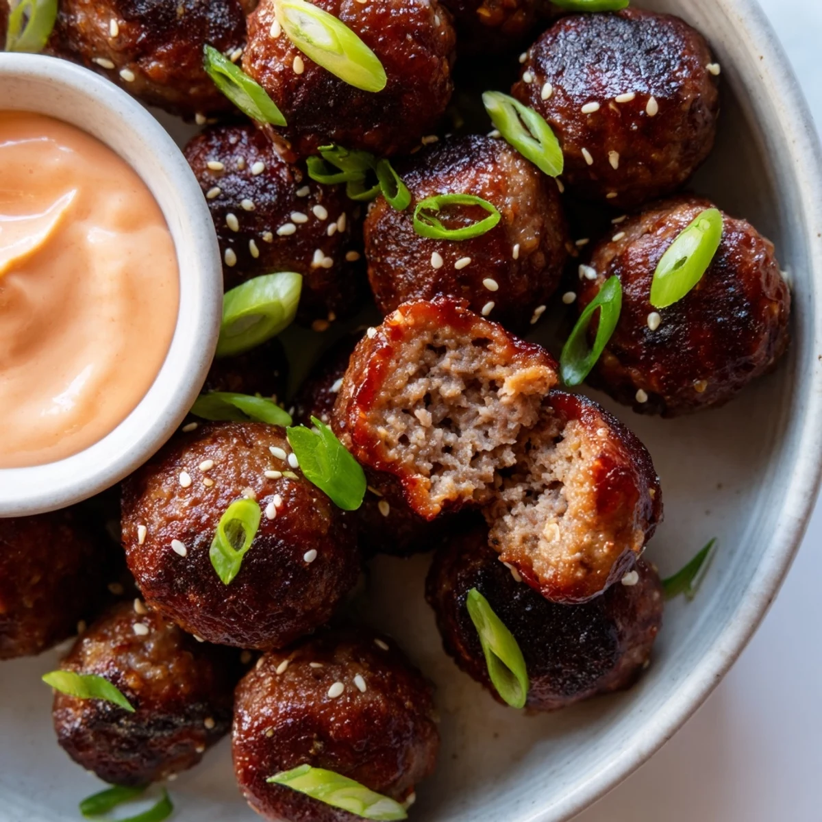 Crispy baked Korean BBQ meatballs arranged on parchment paper fresh from the oven