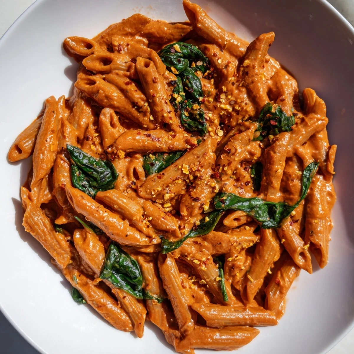 Creamy sun dried tomato vegan pasta in a velvety red sauce garnished with fresh basil leaves