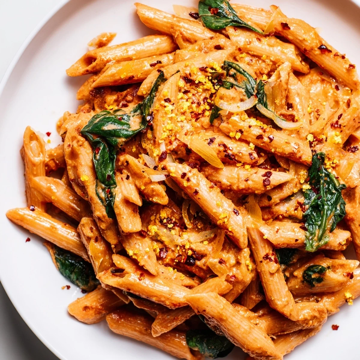 Penne coated in creamy sun dried tomato vegan pasta sauce with wilted spinach and basil
