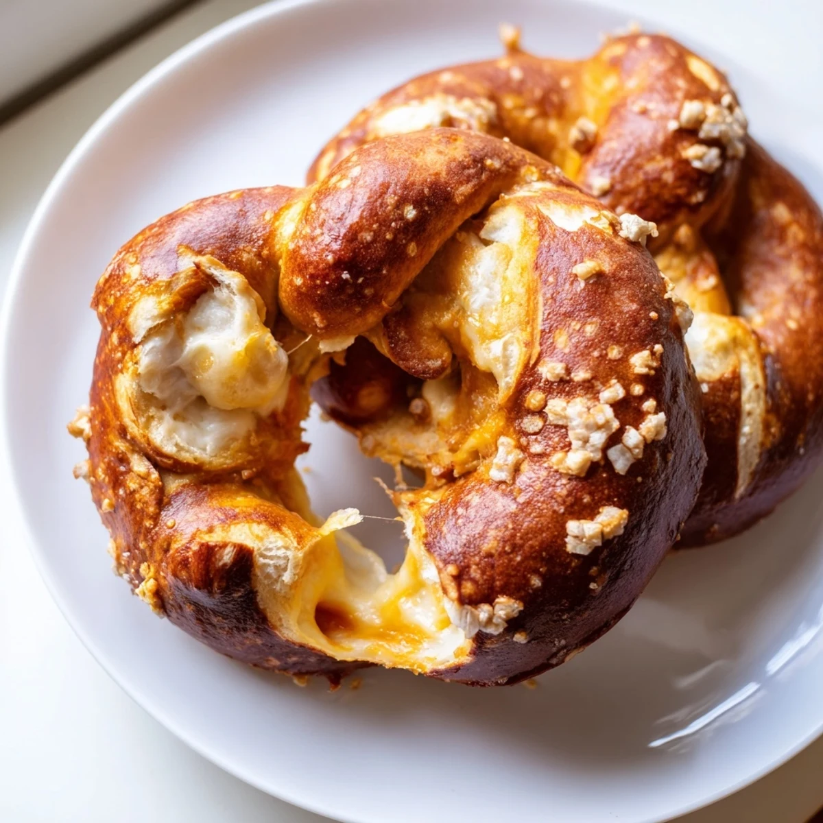 Golden mozzarella stuffed soft pretzels with coarse salt sprinkled on top served warm