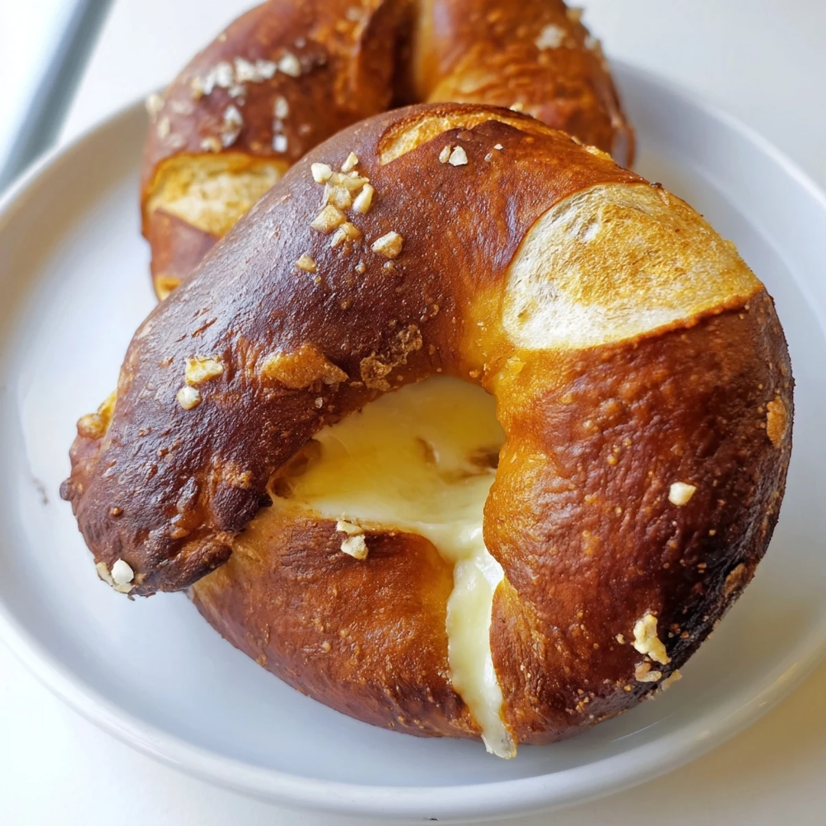 Chewy mozzarella stuffed soft pretzels twisted into classic shapes with gooey melted cheese center