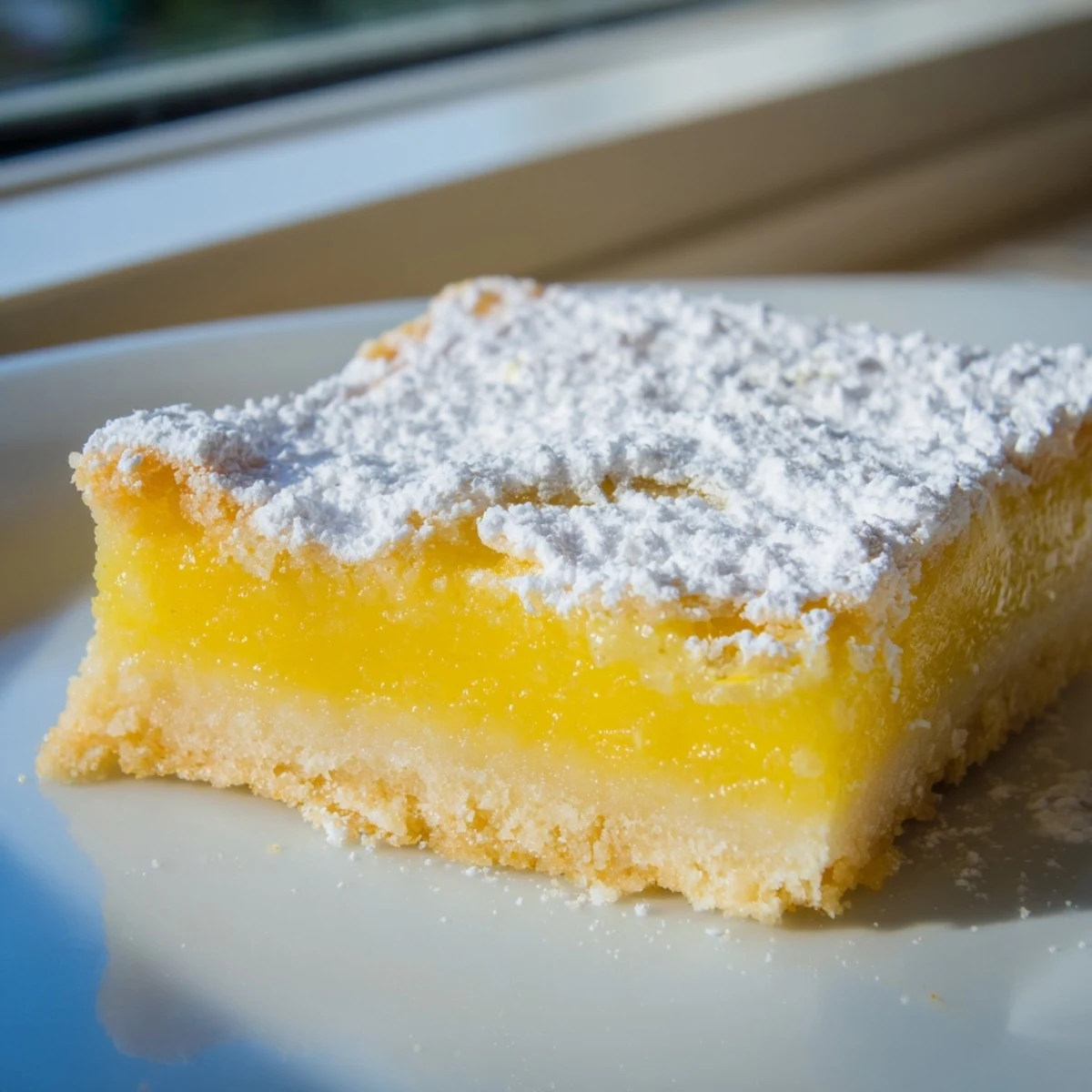 Tangy lemon bar squares with buttery shortbread crust cut on a cutting board