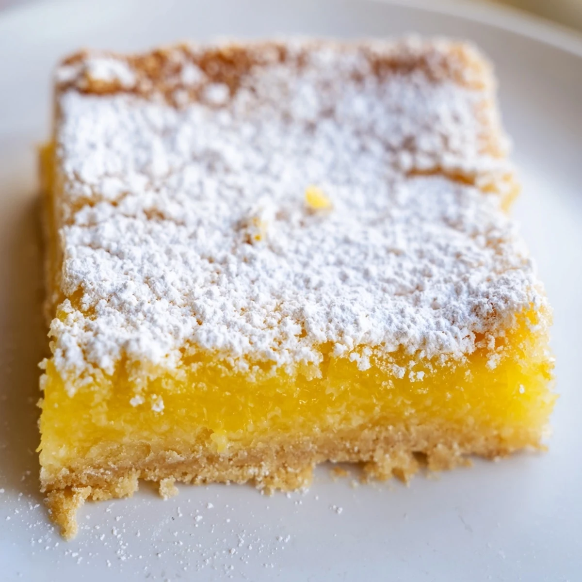 Golden lemon bars with powdered sugar dusting on a rustic white serving plate